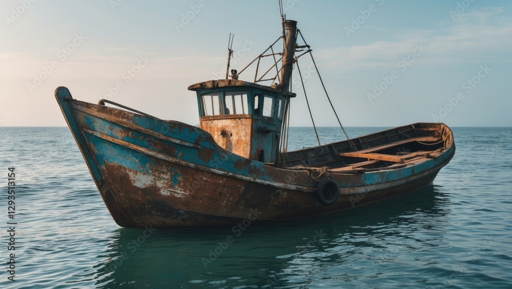 Rustic Fishing Boat Anchored in Calm Ocean Waters Under Clear Sky, Evoking Tranquility and Nostalgia for Seafaring Traditions Rustic Fishing Boat Anchored in Calm Ocean Waters Under Clear Sky, Evoking Tranquility and Nostalgia for Seafaring Traditions