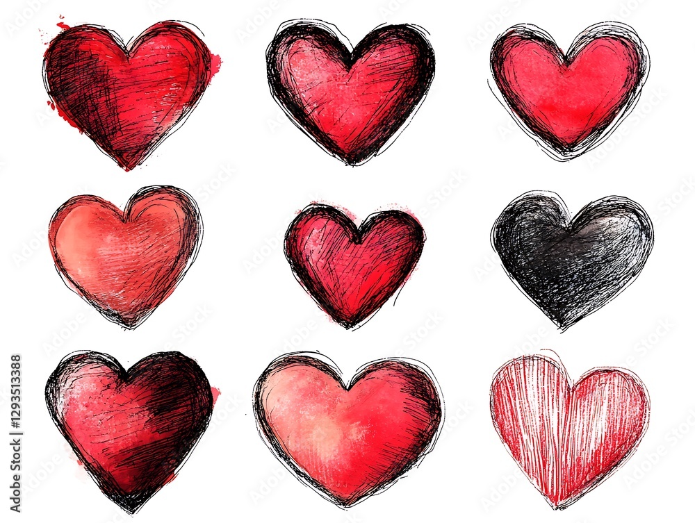 Hand drawn illustrations of hearts arranged in a grid Hand drawn illustrations of hearts arranged in a grid
