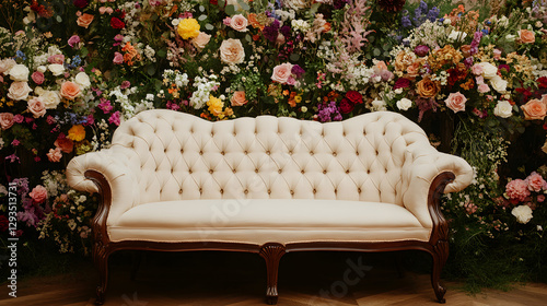 A vintage sofa with soft, velvety fabric and elegant wooden legs sits in front of an array of colorful flowers
