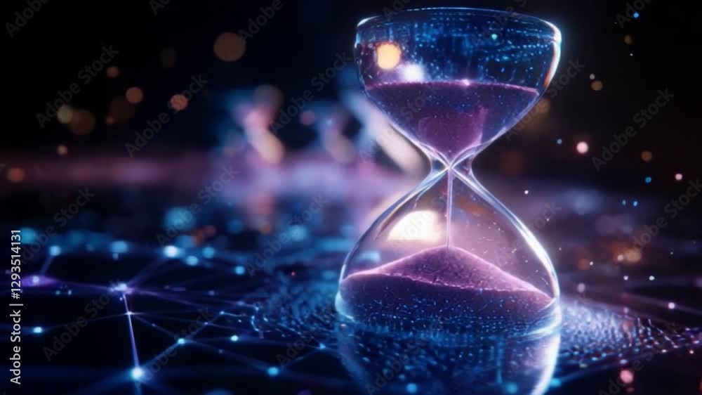 A mesmerizing hourglass filled with luminous particles represents the passage of time in a digital space. Glowing connections create a mesmerizing backdrop, enhancing the ethereal atmosphere