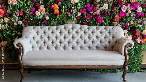 A vintage sofa with soft, velvety fabric and elegant wooden legs sits in front of an array of colorful flowers

