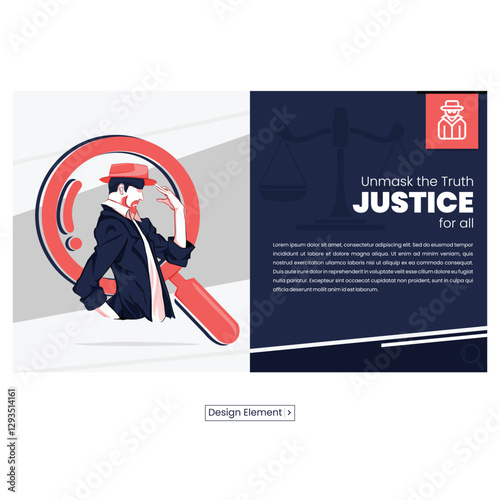 A hat detective uncovering the truth, a magnifying glass and justice icon in a minimalist flat-color design, perfect for justice campaigns, legal aid, movie posters, mystery events, and UI app landing