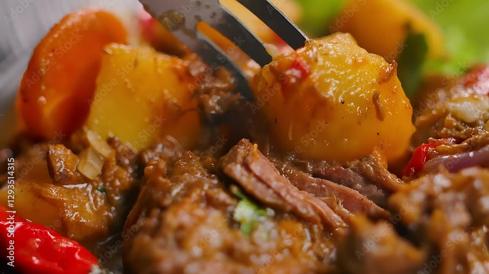 A spatula stirs meat and vegetables that are fried in a frying pan. Close-up. Slow motion. High quality 4k footage