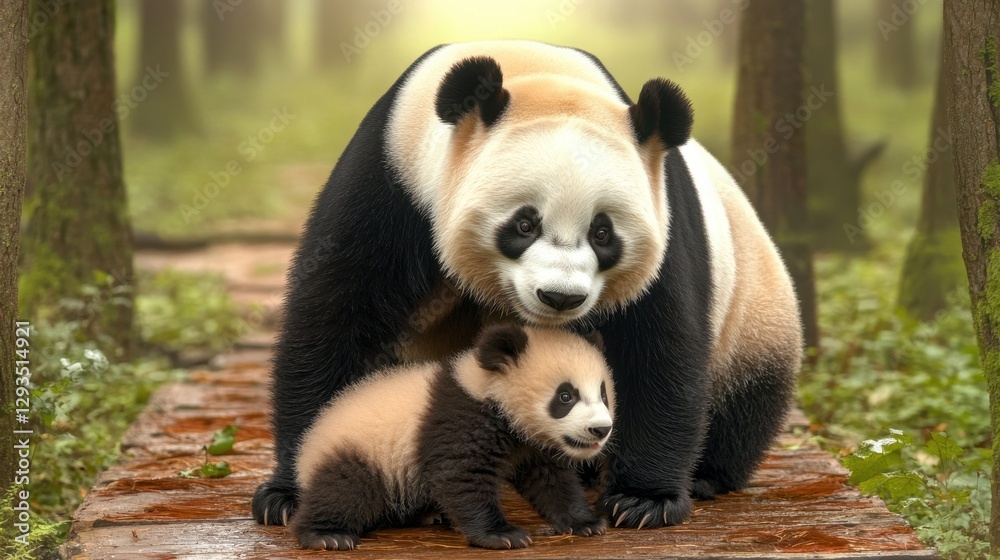 Mother panda and cub walking on wooden path in forest Mother panda and cub walking on wooden path in forest