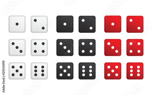 Set of 3D dices in three different colors. Vector illustration.