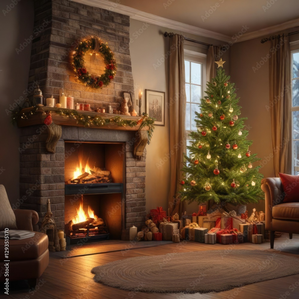 Warm and inviting fireplace with a Christmas tree and festive decorations, cozy atmosphere, fireplace, tree Warm and inviting fireplace with a Christmas tree and festive decorations, cozy atmosphere, fireplace, tree