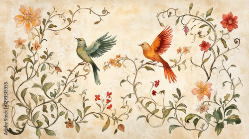 An ornate illuminated manuscript-style border birds intricate medieval botanical floral vines parchment background cottagecore rich colors, delicate fairy-tale motifs elegant calligraphy copy space	