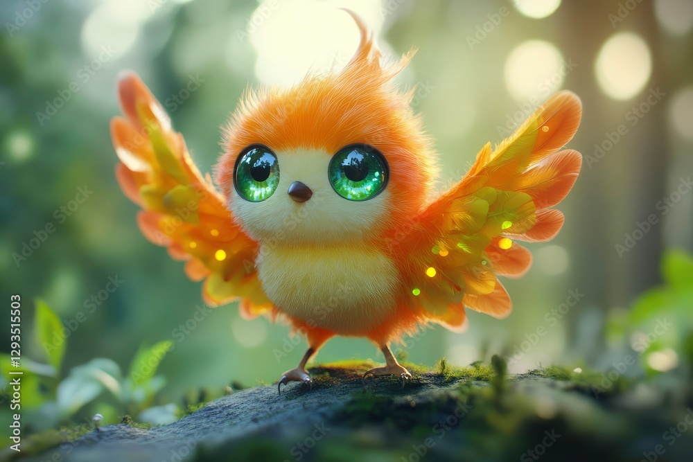 Fototapeta premium a bright cute bird with spread wings and green eyes is singing