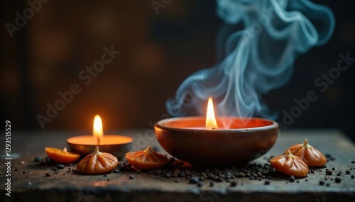 warm sandalwood smoke wafts upward from a censer, fragrance, candles, smoke