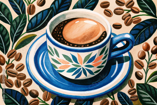 cup of coffee with beans on funny background cartoon illustration