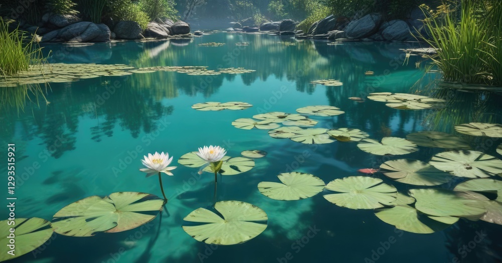 Water lilies floating on a serene turquoise lake, peaceful atmosphere, Water lilies floating on a serene turquoise lake, peaceful atmosphere,
