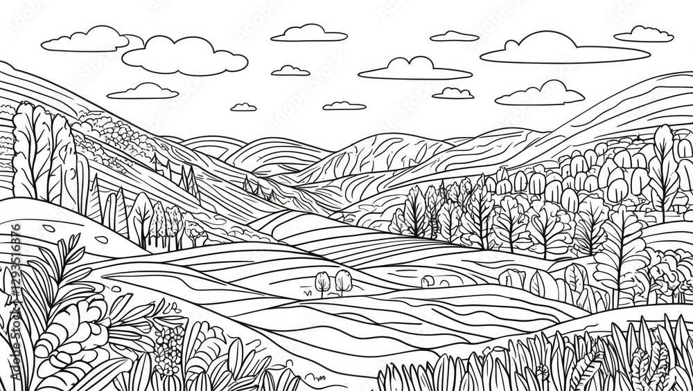 Fototapeta premium Black White Outline Landscape. Hills Trees Clouds Coloring Page for Nature Enthusiasts
