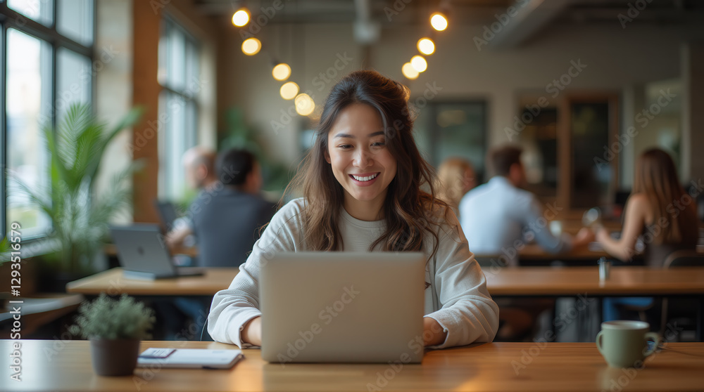 Fototapeta premium Entrepreneur asian woman in a coworking space, surrounded by other professionals in a modern and collaborative work environment.