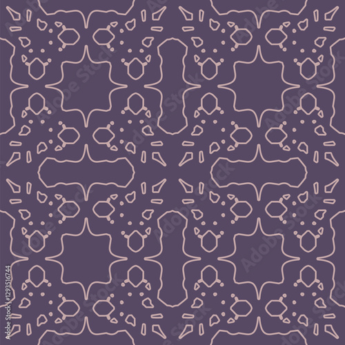 Repeating ornate pattern. Dark purple background. Light pink outlines. Symmetrical design. Intricate details. Vintage aesthetic. Decorative art. Textile design. Seamless arabic pattern. Modern style. 
