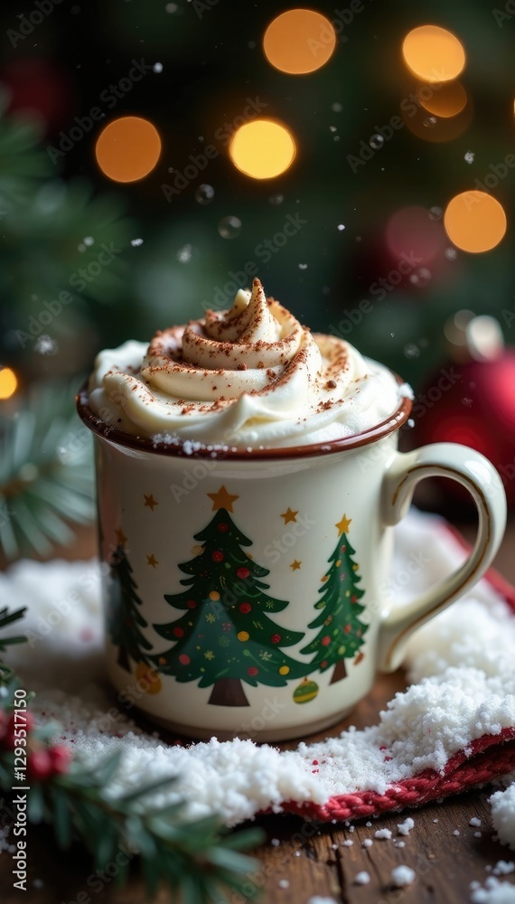 Whisked cocoa foam atop a snowy Christmas tree mug, holiday, hot chocolate, mug Whisked cocoa foam atop a snowy Christmas tree mug, holiday, hot chocolate, mug