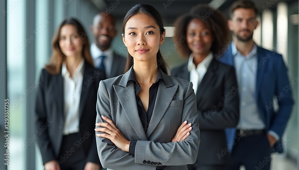 Confident Woman Leading Diverse Business Team in Modern Office, Showcasing Corporate Success Confident Woman Leading Diverse Business Team in Modern Office, Showcasing Corporate Success