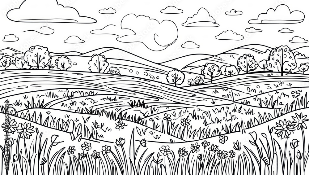 Fototapeta premium Black White Countryside Landscape Sketch. Fields, Hills, Flowers, Trees, Clouds