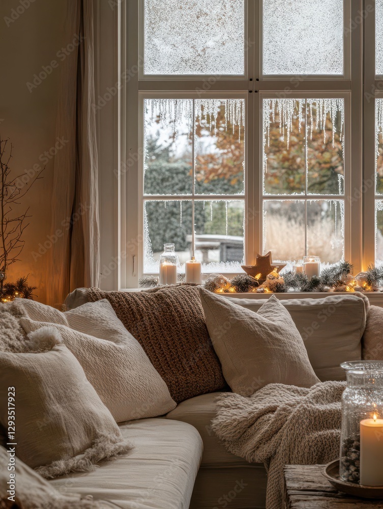 Fototapeta premium Cozy Winter Room with A Winter View and Lighting