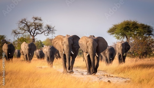 Majestic Elephant Herd Advancing in Savuti, Botswana A Powerful Moment Captured in the African Sunset with Warmth and Gravity, Reflecting the Spirit of Africas Wildlife Migration. photo