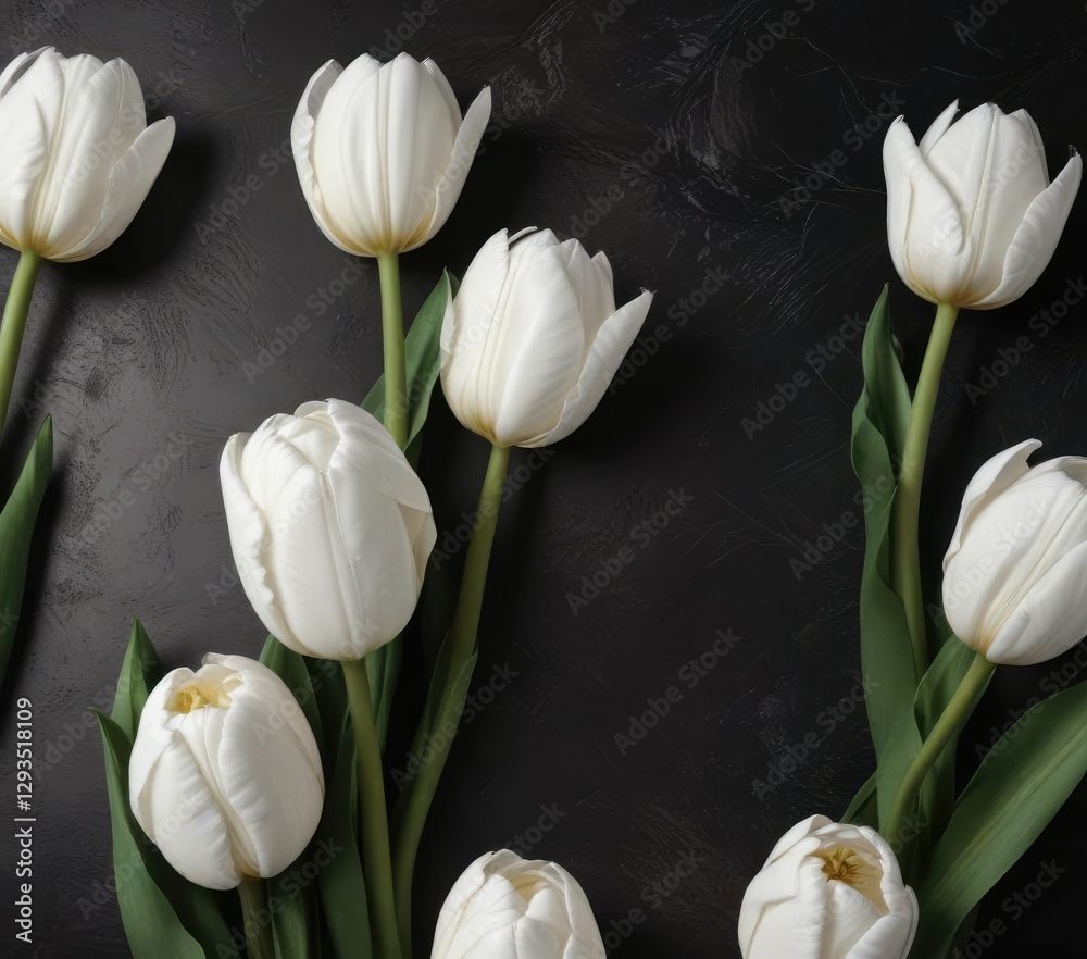 Fototapeta premium White tulips on a dark surface for memorial announcement, remembrance card, grieving, sadness, remember , death notice