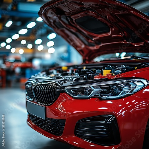 A red luxury sports car with an open hood photo