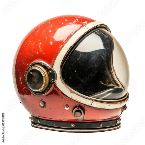 An old, worn-out red space helmet with a scratched visor and metallic details, showcasing a retro astronaut design, isolated on a transparent background.  
