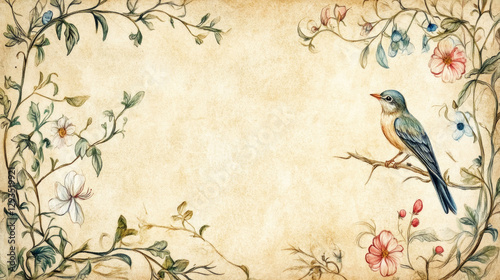 An ornate illuminated manuscript-style border birds intricate medieval botanical floral vines parchment background cottagecore rich colors, delicate fairy-tale motifs elegant calligraphy copy space	