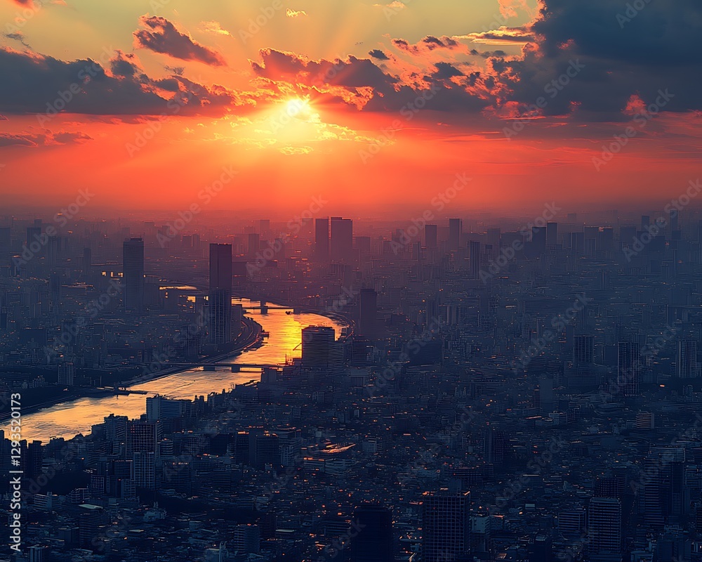 Naklejka premium Cityscape sunset, river, buildings, orange sky