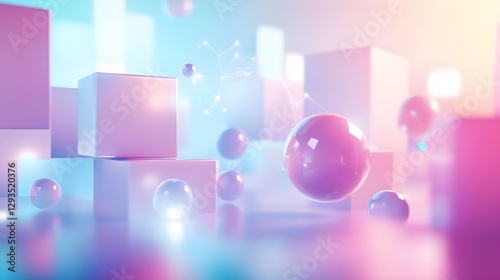 Abstract Composition of Colorful Spheres and Cubes in a Dreamlike Space