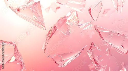 Abstract Display of Fractured Transparent Glass Pieces on Soft Pink Background