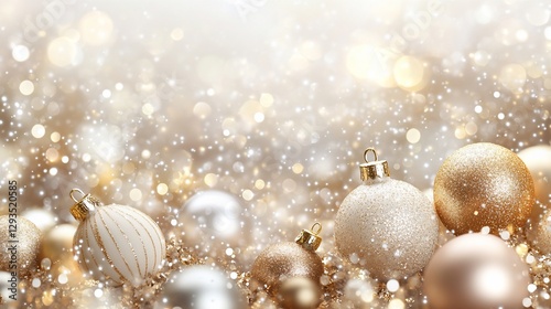 Festive gold and white Christmas ornaments, sparkling background, holiday celebration
