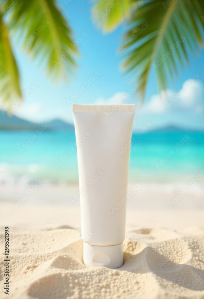 minimalist white plastic tube for cream, sunscreen, shampoo, balm or toothpaste on sandy beach with blurred palm trees and sea background minimalist white plastic tube for cream, sunscreen, shampoo, balm or toothpaste on sandy beach with blurred palm trees and sea background
