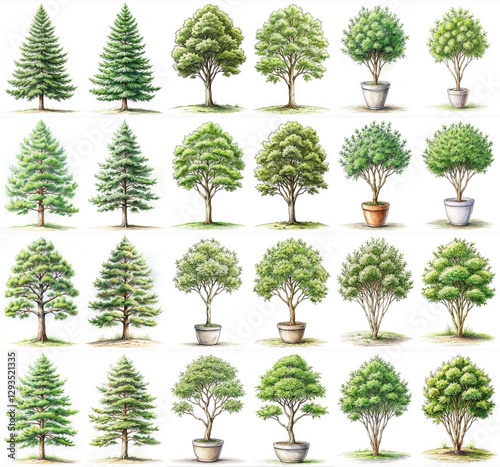 A collection of trees and potted plants are shown in various sizes and shapes. The trees range from small to large, and the potted plants are placed in different positions, some close to the trees