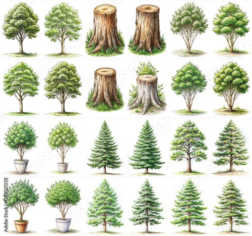 A series of tree illustrations, including a pine tree, a birch tree, and a maple tree
