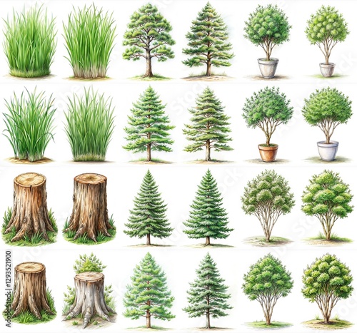 A collection of trees and plants, including a tree with a stump and a tree with a pot