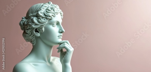 Marble statue of Aphrodite head in pensive pose against pastel gradient background. Gypsum sculpture design. Antique face bust for modern aesthetic revival and trendy culture advertise.
