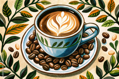 cup of coffee with beans on funny background cartoon illustration