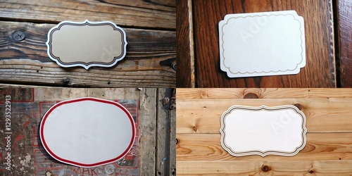 Four different shaped tags with a white background. The tags are all different shapes and sizes. The tags are placed on a wooden surface