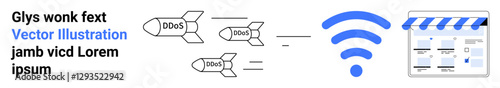 Three DDOS missiles aimed at a web page, signifying cyber threats via wireless. Ideal for cybersecurity, cyber threats, DDOS attacks, network security, online protection, internet vulnerabilities