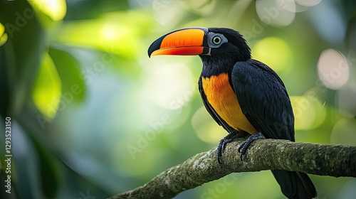 In the rainforest, tropical birds perched atop a tree branch