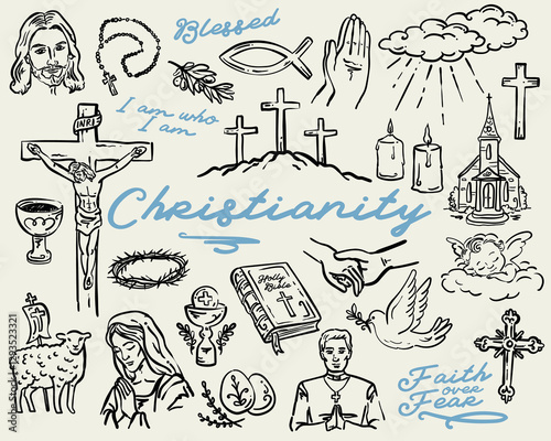 Christian, Catholic Hand Drawn Whimsical Set of vector illustrations, 