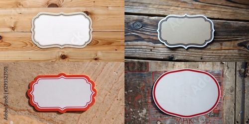 Four different shaped signs with a white background. The signs are all different shapes and sizes. The first sign is a rectangle with a red border and the second sign is a square with a red border