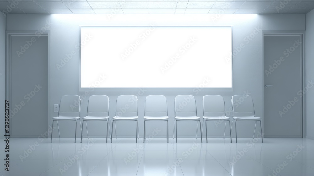 Minimalistic Waiting Room Interior with Empty Chairs and Bright Illuminated Wall in Modern Design Aesthetic for Healthcare or Office Environment Minimalistic Waiting Room Interior with Empty Chairs and Bright Illuminated Wall in Modern Design Aesthetic for Healthcare or Office Environment