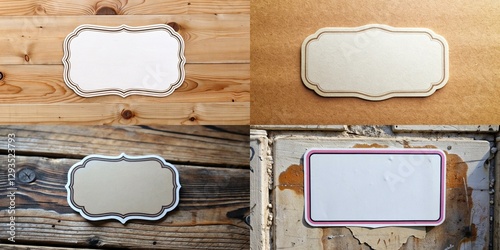 A collection of four different shaped signs with a white background. The signs are all different sizes and shapes, but they all have a similar design
