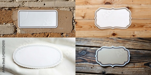 Four different shapes of tags, all of which are white. The tags are placed on a wooden surface, with one tag being placed on the left side of the image, another on the right side