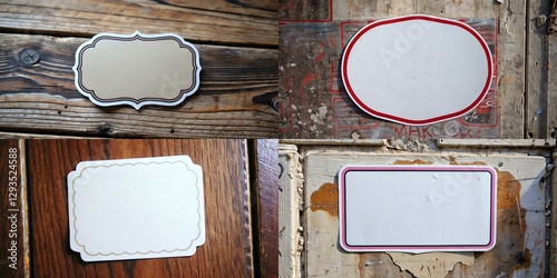 Four different shaped signs with a white background. The first sign is a rectangle with a gold border. The second sign is a square with a gold border