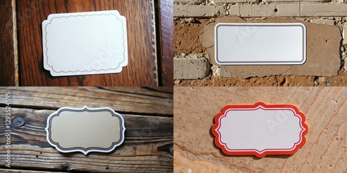 Four different shaped tags with a white background. The tags are all different sizes and shapes. The first tag is a rectangle with a white background and a red border