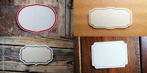 A collection of four different shaped signs with a white background. The signs are all different shapes and sizes, but they all have a similar design