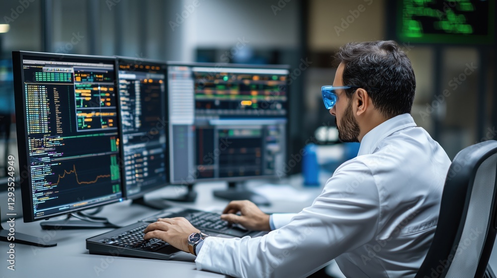 High-Speed Train Concept in a Modern Control Room with Engineer Analyzing Data and Using Advanced Technology High-Speed Train Concept in a Modern Control Room with Engineer Analyzing Data and Using Advanced Technology