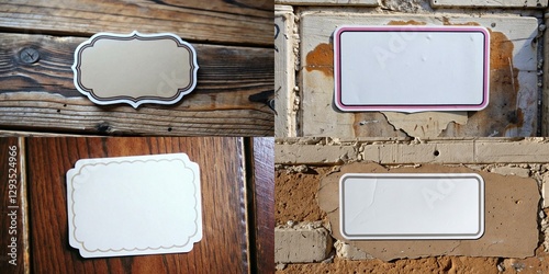 Four different stickers, each with a different design. The first sticker has a gold border and a white background, while the second sticker has a pink border and a white background